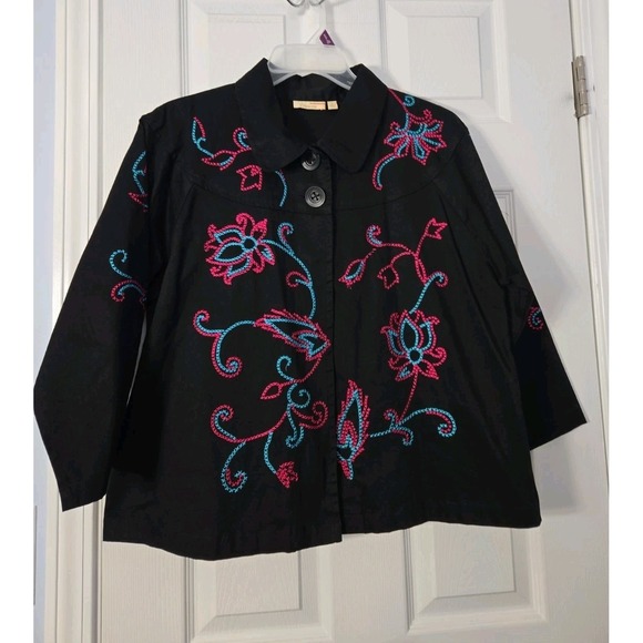 Choices Jackets & Blazers - CHOICES Women's Embroidered Floral Black White Jacket Stretch Size Large